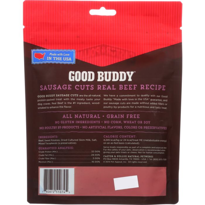 Back photo of Castor & Pollux Good Buddy Sausage Cuts Dog Treats Real Beef Recipe