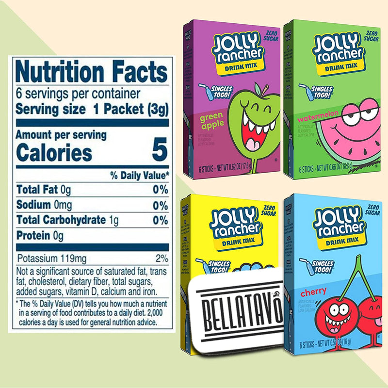 Sugar Free Drink Mix Singles Bundle. Includes Four Boxes of Jolly Rancher Singles To Go Drink Mix Plus a BELLATAVO Ref Magnet. Each Contains 6 Water Flavoring Packets. Total of 24 Sugar Free Drink Mix