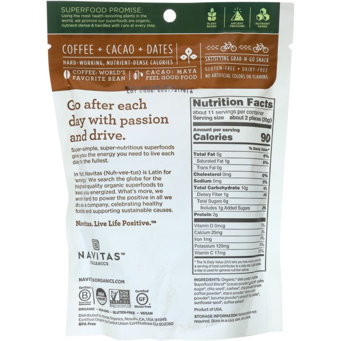 Back Packaging Photo of Navitas  Coffee Cacao Organics Organic Power Snacks