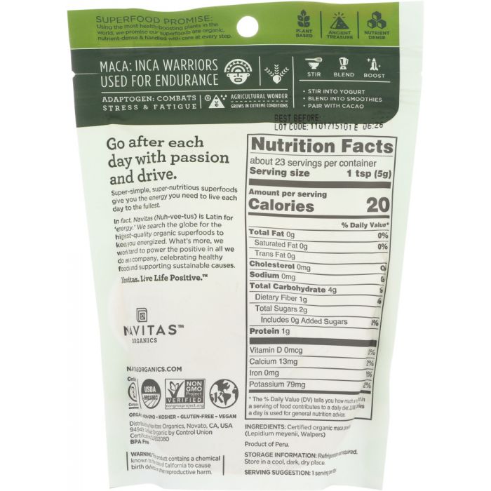 Back Packaging Photo of Navitas Organics Organic Maca Powder