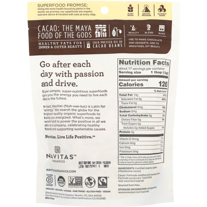 Back Packaging Photo of Navitas Organics Organic Cacao Butter