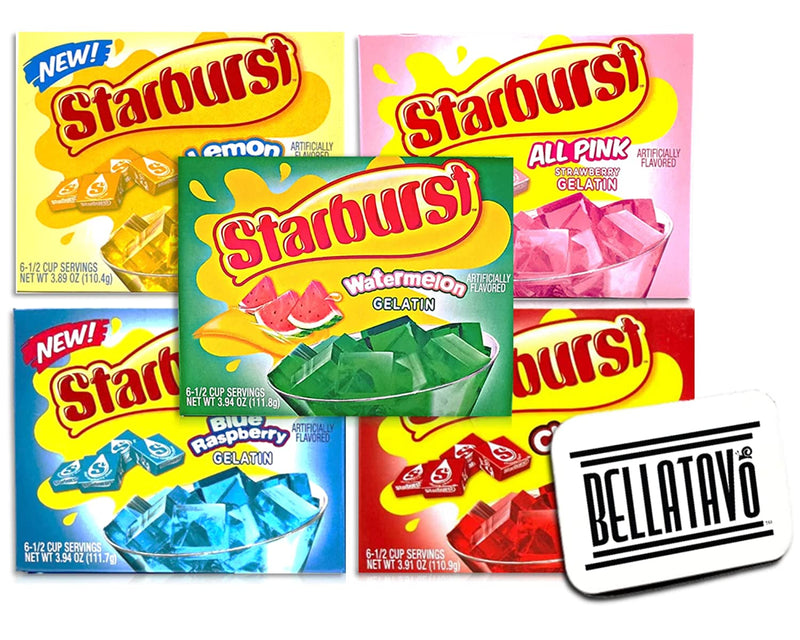 Starburst Gelatin All Pink Strawberry, Blue Raspberry, Cherry, Lemon & Watermelon (5 Boxes) Plus BELLATAVO Ref Magnet