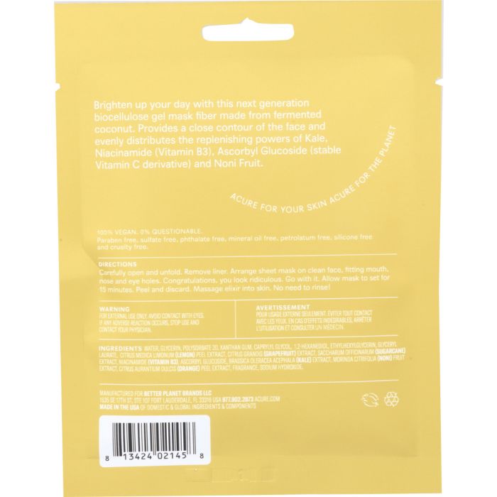 Back Packaging Photo of Acure Brilliantly Brightening Biocellulose Mask