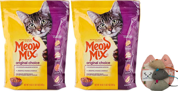 Dry Cat Food Original Choice Bundle. Includes Two 18 oz Resealable Pouches of Meow Mix Original Choice Cat Food Plus Three Carefree Caribou Catnip Mice!