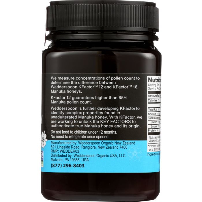 Manufacturer label photo of Wedderspoon Raw Honey Manuka K Factor 12