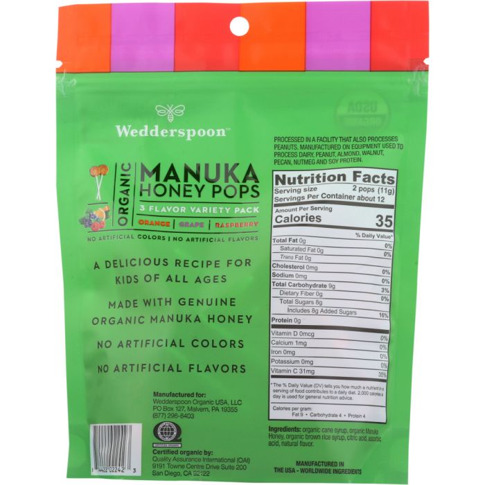 Back photo of Wedderspoon Organic Manuka Honey Pops For Kids