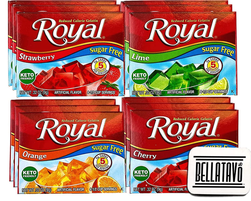 Sugar Free Jello Shot Bundle. Includes 12 Boxes of Royal Gelatin, 3 Boxes Each of Strawberry, Lime, Orange and Cherry Sugar Free Jello Flavors Plus Authentic BELLATAVO Ref Magnet!!