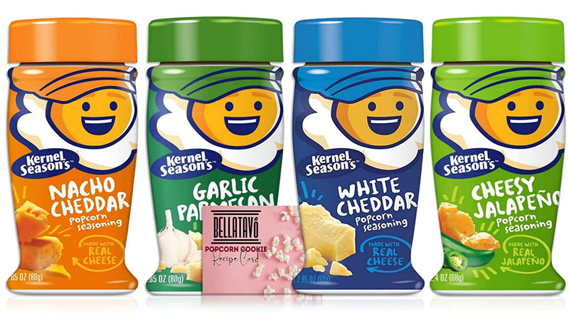 Kernel Season's Popcorn Seasoning and a BELLATAVO Recipe Card. Flavors: Nacho Cheddar, Cheesy Jalapeno, Garlic Parmesan and White Cheddar