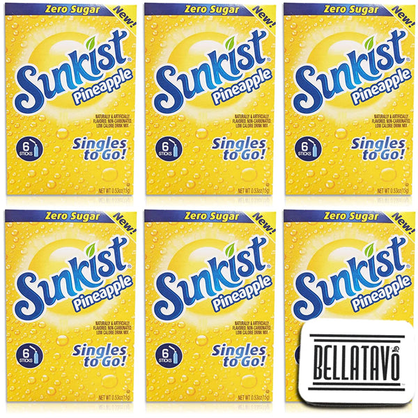 Pineapple Drink Mix Bundle. Includes Six Boxes of Sunkist Pineapple Singles To Go Drink Mix and a BELLATAVO Fridge Magnet. Each Box Has 6 Pineapple Sunkist Singles To Go Powdered Drink Mix