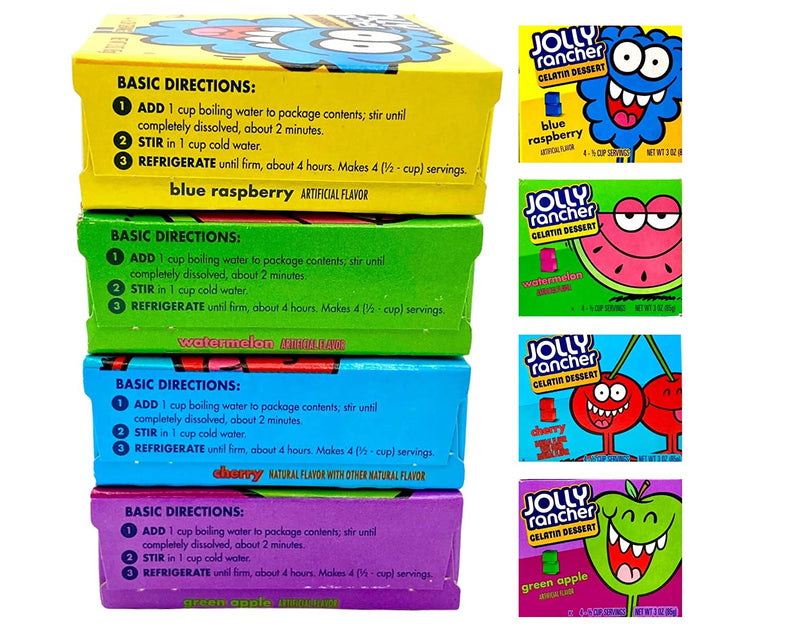 Jolly Rancher Green Apple, Blue Raspberry, Watermelon and Cherry Gelatin Mix (Four Boxes) Plus BELLATAVO Ref Magnet!