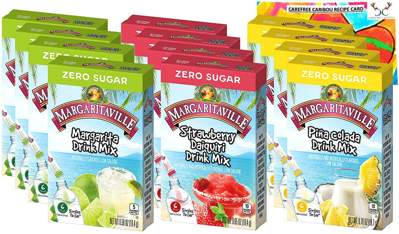 Singles To Go Drink Mix Bundle. Includes Four Boxes of Margaritaville Singles to Go-Six Sticks of 3 Flavors: Margarita, Pina Colada & Strawberry Daiquiri & One Carefree Caribou Jello Shot Recipe Card.