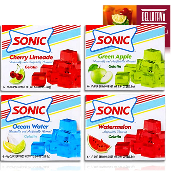 Sonic Ocean Water, Cherry Limeade, Watermelon and Green Apple Jello Mix (Four-3.94oz) Plus a BELLATAVO Recipe Card