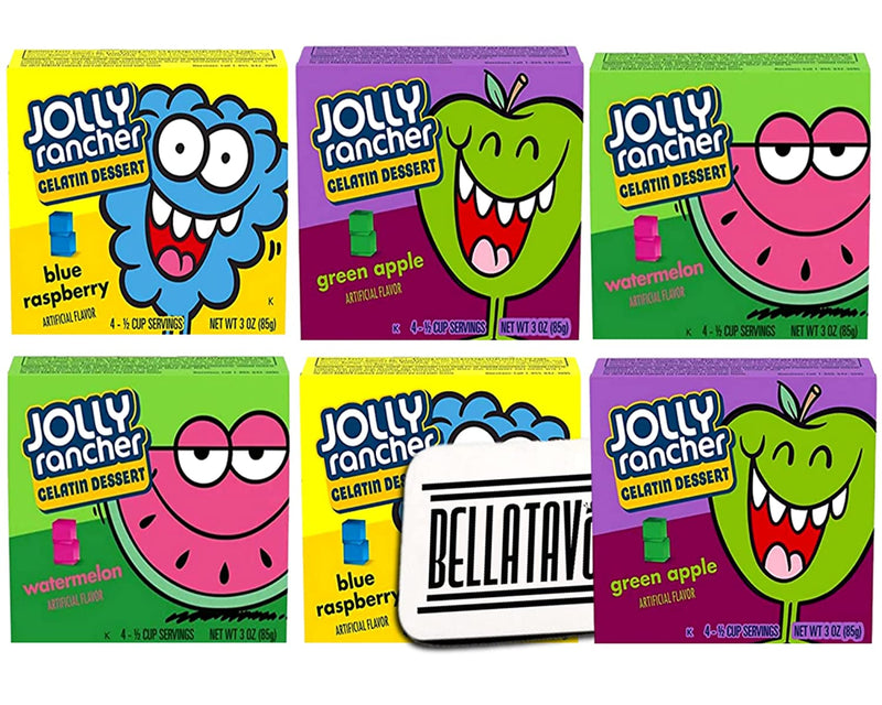 Jolly Rancher Green Apple, Blue Raspberry and Watermelon Jello Mix (6 Boxes) Plus BELLATAVO Ref Magnet