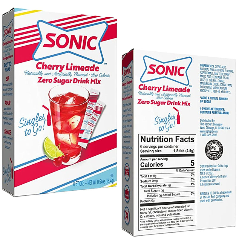 Cherry Limeade Drink Mix Bundle. Includes Six Boxes of Sonic Cherry Limeade Singles To Go Drink Mix Plus a BELLATAVO Refrigerator Magnet. Each Box Has 6 Cherry Limeade Drink Mix Packets