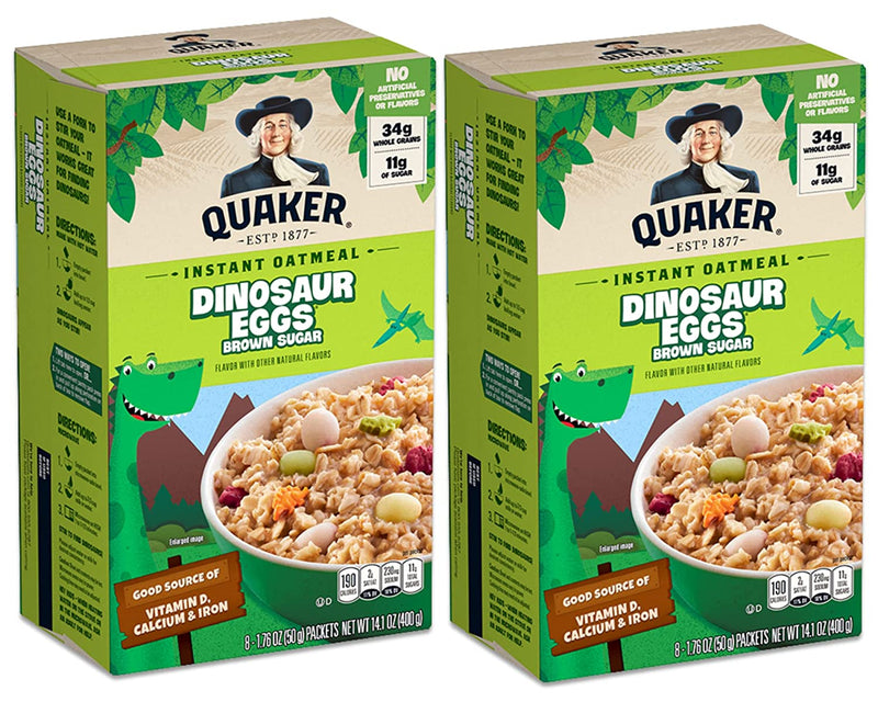 Dinosaur Egg Oatmeal Bundle. Includes Two-14.1 Oz Boxes of Quaker Dinosaur Eggs Instant Oatmeal and a BELLATAVO Ref Magnet! Each Box Has 8 Quaker Brown Sugar Dinosaur Eggs Instant Oatmeal Packets!