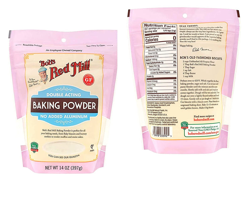 Gluten Free Baking Soda and Baking Powder Bundle. Includes One-14oz Bobs Red Mill Double Acting Baking Powder, One-16oz Bobs Red Mill Baking Soda, and One Authentic BELLATAVO Recipe Card!
