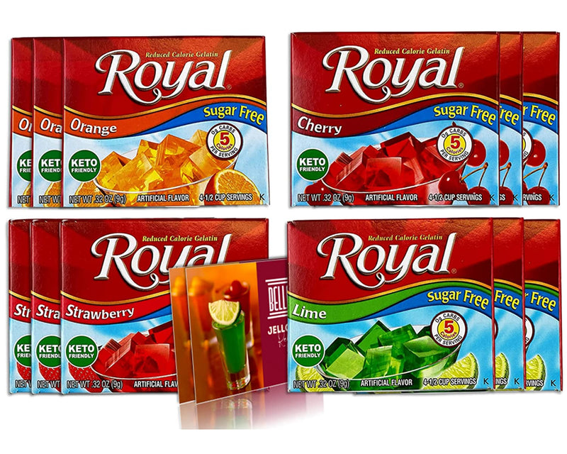 Royal Gelatin Strawberry, Lime, Orange and Cherry Sugar Free Jello Flavors (12 Boxes) & BELLATAVO Recipe Cards