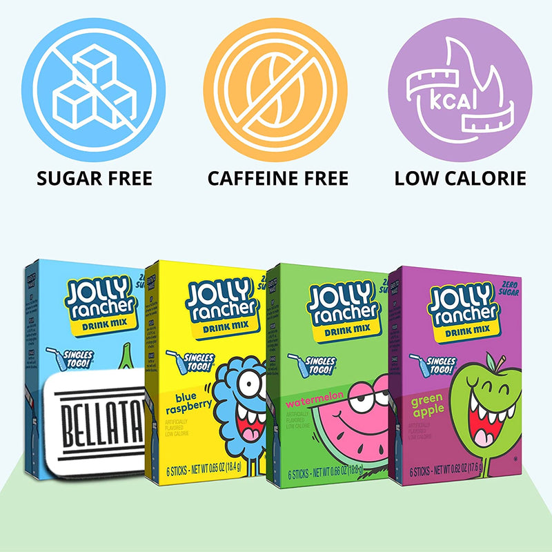 Singles To Go Variety Pack Bundle. Includes Six Boxes of Jolly Rancher Singles To Go Drink Mix Plus a BELLATAVO Ref Magnet. Each Contains 6 Water Flavoring Packets. Total of 36 Sugar Free Drink Mix