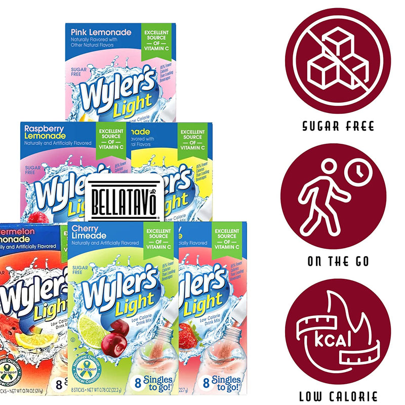 Wyler's Light Cherry, Lemonade, Strawberry, Raspberry, Watermelon and Pink Lemonade Singles To Go Drink Mix Variety Pack (6 Boxes) & a BELLATAVO Recipe Card