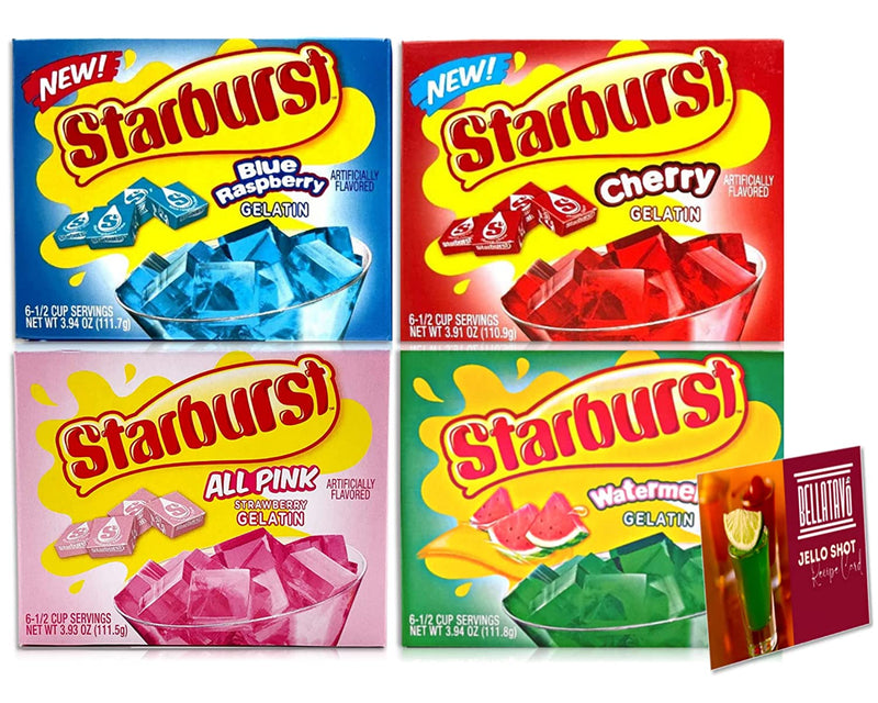 Starburst All Pink Strawberry, Blue Raspberry, Cherry, & Watermelon Jello Mix (4 Boxes) Plus BELLATAVO Recipe Card