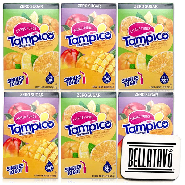 Sugar Free Drink Mix Bundle. Includes Six Tampico Zero Sugar Singles To Go Drink Mix Plus a BELLATAVO Ref Magnet. Three Boxes Each of Tampico Zero Sugar Citrus Punch and Mango Punch Water Enhancer!