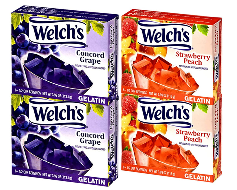 Welchs Jello Concord Grape Jello and Strawberry Peach Gelatin Mix (Four Boxes) & BELLATAVO Ref Magnet