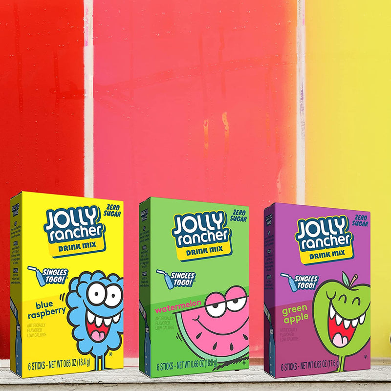 Singles To Go Bundle. Includes Six Boxes of Jolly Rancher Singles To Go Drink Mix Plus a BELLATAVO Ref Magnet. Two Boxes Each Sugar Free Water Enhancers: Green Apple, Watermelon and Blue Raspberry!