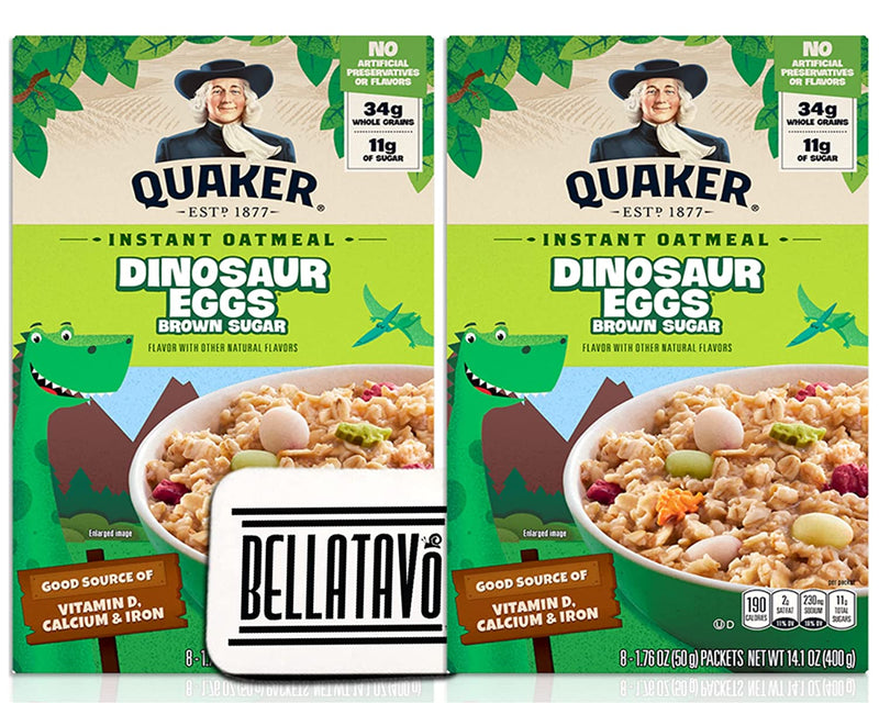 Dinosaur Egg Oatmeal Bundle. Includes Two-14.1 Oz Boxes of Quaker Dinosaur Eggs Instant Oatmeal and a BELLATAVO Ref Magnet! Each Box Has 8 Quaker Brown Sugar Dinosaur Eggs Instant Oatmeal Packets!