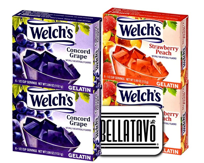 Welchs Jello Concord Grape Jello and Strawberry Peach Gelatin Mix (Four Boxes) & BELLATAVO Ref Magnet