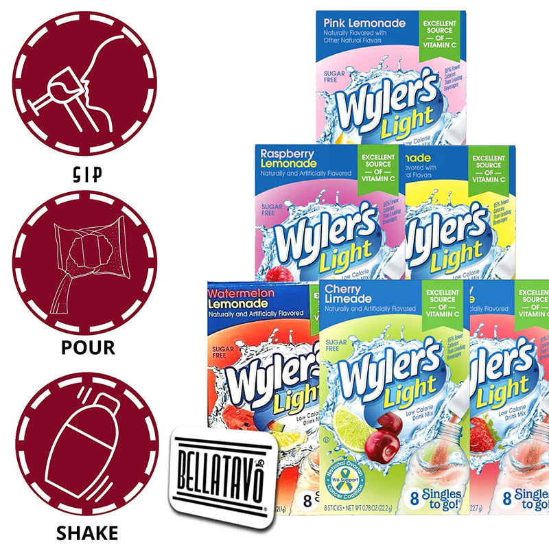 Wyler's Light Cherry, Lemonade, Strawberry, Raspberry, Watermelon and Pink Lemonade Singles To Go Drink Mix Variety Pack (6 Boxes) & a BELLATAVO Recipe Card
