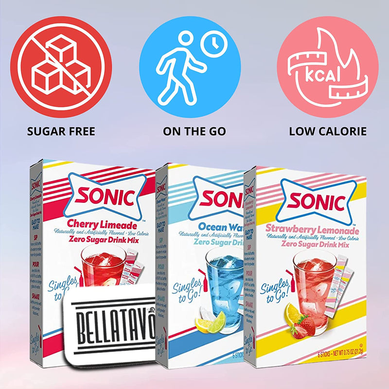 Singles To Go Variety Pack Bundle. Includes Six Boxes of Sonic Singles To Go Drink Mix Plus a BELLATAVO Refrigerator Magnet. Two Boxes Each: Sonic Ocean Water, Cherry Limeade and Strawberry Lemonade.
