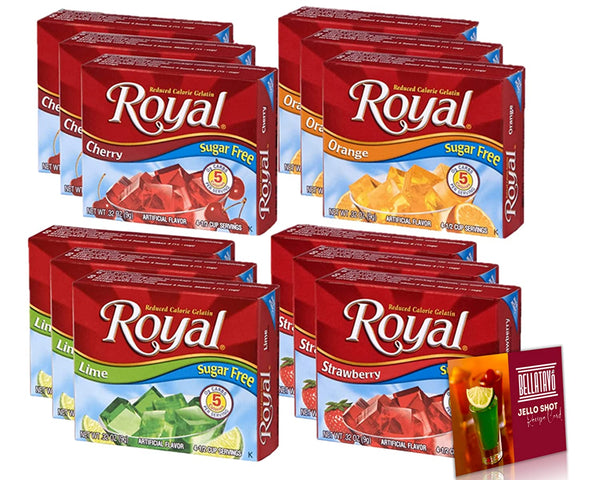 Royal Gelatin Strawberry, Lime, Orange and Cherry Sugar Free Jello Flavors (12 Boxes) & BELLATAVO Recipe Cards