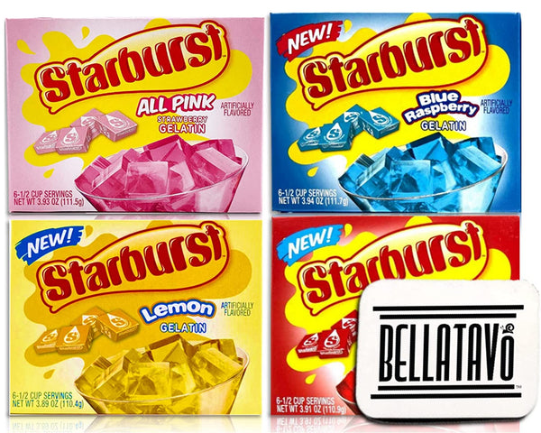 Jello Shot Bundle with Starburst Gelatin. Includes 4 Boxes of Starburst Jello Plus BELLATAVO Fridge Magnet! One Box Each Flavor: All Pink Strawberry, Blue Raspberry, Cherry & Lemon Jello!