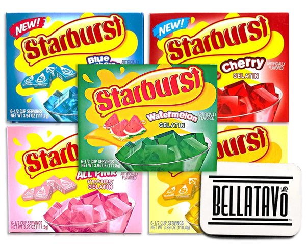Starburst Gelatin All Pink Strawberry, Blue Raspberry, Cherry, Lemon & Watermelon (5 Boxes) Plus BELLATAVO Ref Magnet