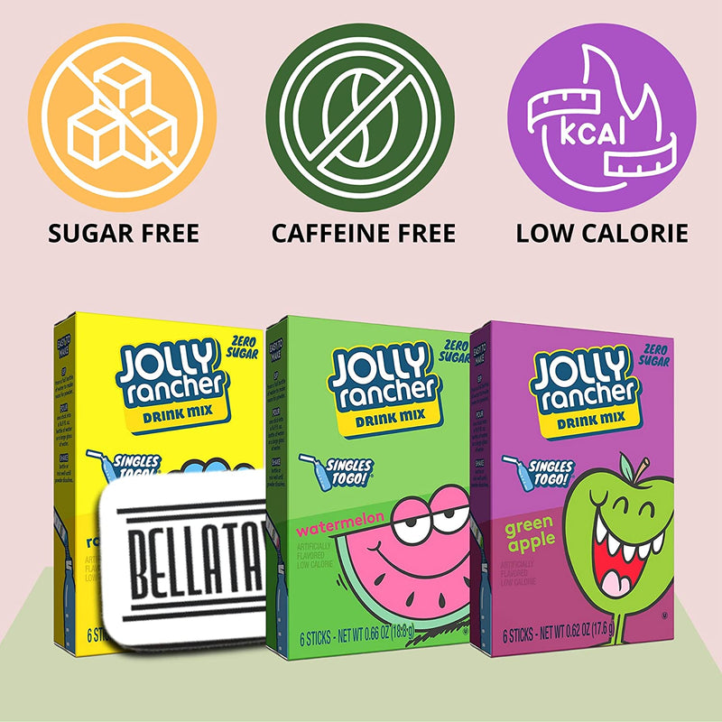Singles To Go Bundle. Includes Six Boxes of Jolly Rancher Singles To Go Drink Mix Plus a BELLATAVO Ref Magnet. Two Boxes Each Sugar Free Water Enhancers: Green Apple, Watermelon and Blue Raspberry!