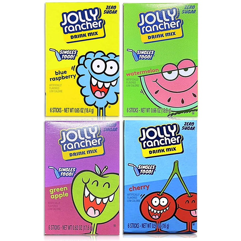 Sugar Free Drink Mix Singles Bundle. Includes Four Boxes of Jolly Rancher Singles To Go Drink Mix Plus a BELLATAVO Ref Magnet. Each Contains 6 Water Flavoring Packets. Total of 24 Sugar Free Drink Mix
