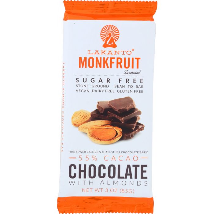 A product photo of Lakanto Monkfruit Chocolate Bar with Almonds.