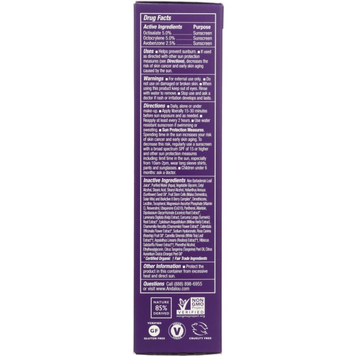 Ingredients label photo of Andalou Naturals Ultra Sheer Daily Defense Facial Lotion with SPF 18 Age Defying