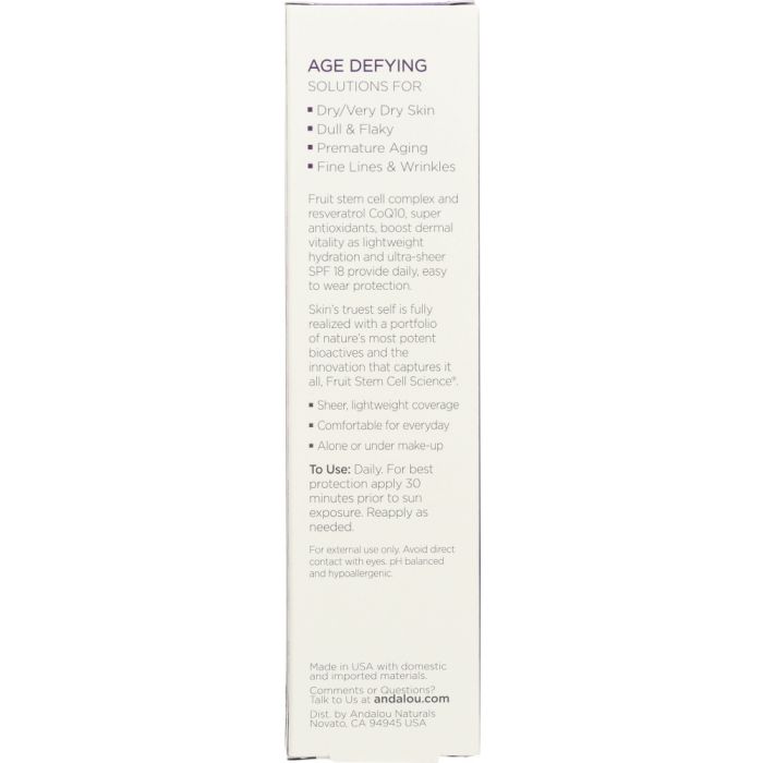 Description Label photo of Andalou Naturals Ultra Sheer Daily Defense Facial Lotion with SPF 18 Age Defying