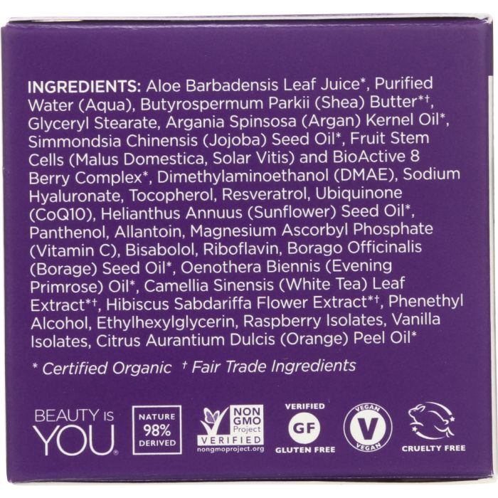 Ingredients label photo of Andalou Naturals Hyaluronic DMAE Lift & Firm Cream, Non GMO, Paraben Free