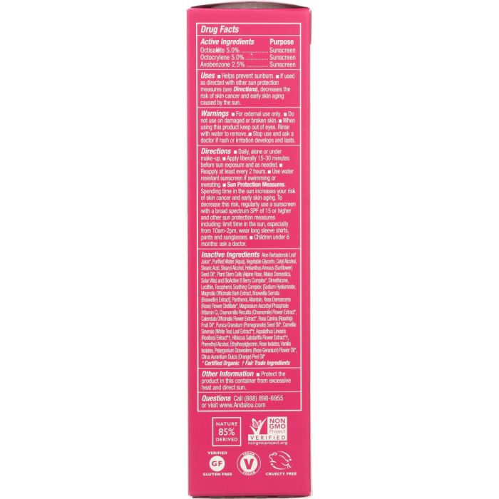 Ingredients label photo of Andalou Naturals 1000 Roses Daily Shade Facial Lotion SPF 18