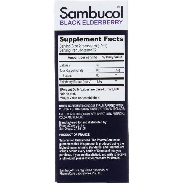 Supplement Facts Label Photo of Sambucol Black Elderberry Original Formula Dietary Supplement