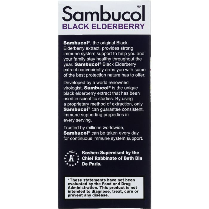 Back of the Box Photo of Sambucol Black Elderberry Original Formula Dietary Supplement