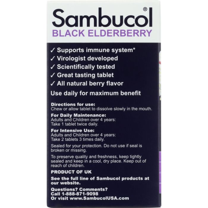 Back of the Box Photo of Sambucol Black Elderberry Original Formula Dietary Supplement Tablets