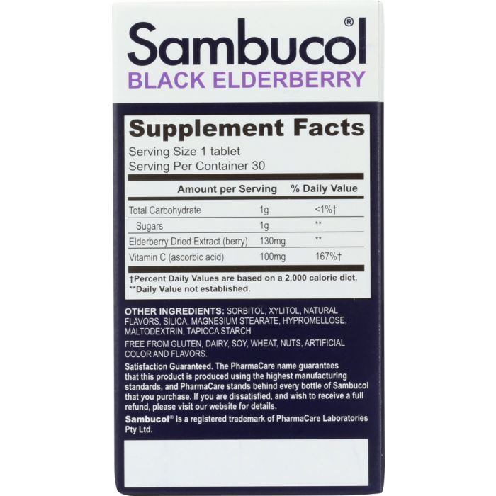 Supplement Facts Label Photo of Sambucol Black Elderberry Original Formula Dietary Supplement Tablets