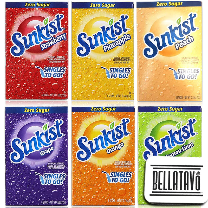 Singles To Go Variety Pack Bundle. Includes Six Boxes of Sunkist Singles To Go Drink Mix and a BELLATAVO Ref Magnet. One Each Flavor: Orange, Pineapple, Strawberry, Lemon Lime and Peach Drink Mix