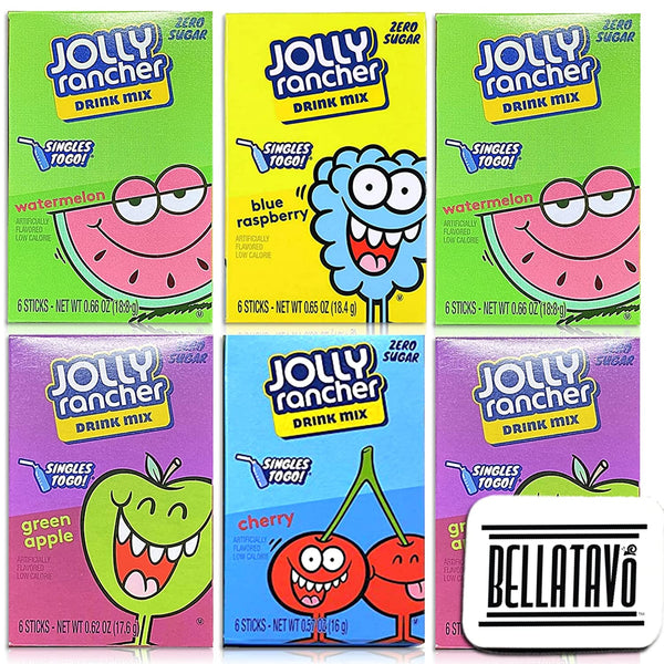 Singles To Go Variety Pack Bundle. Includes Six Boxes of Jolly Rancher Singles To Go Drink Mix Plus a BELLATAVO Ref Magnet. Each Contains 6 Water Flavoring Packets. Total of 36 Sugar Free Drink Mix
