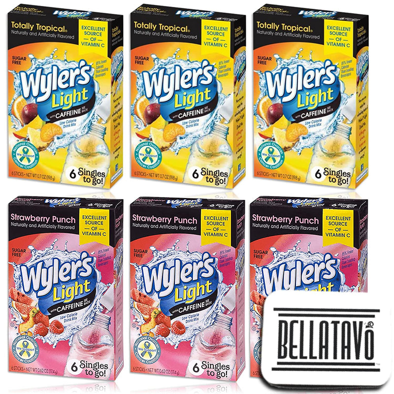 Caffeinated Drink Mix Bundle. Includes Six Boxes of Wylers Light Singles To Go Caffeinated Drink Mix and a BELLATAVO Fridge Magnet. Three Boxes Each Flavor: Strawberry Punch and Totally Tropical!