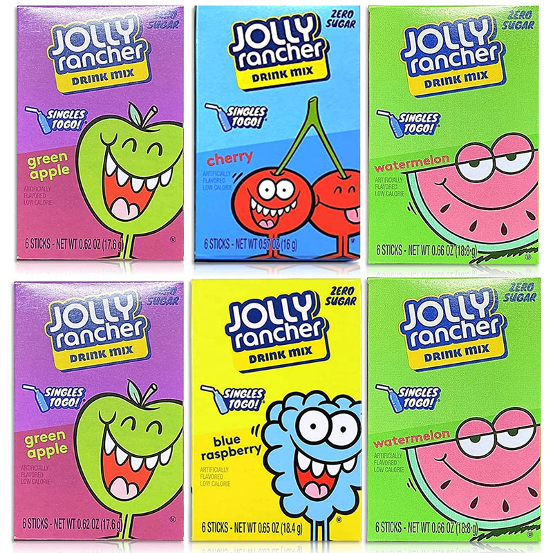 Singles To Go Variety Pack Bundle. Includes Six Boxes of Jolly Rancher Singles To Go Drink Mix Plus a BELLATAVO Ref Magnet. Each Contains 6 Water Flavoring Packets. Total of 36 Sugar Free Drink Mix