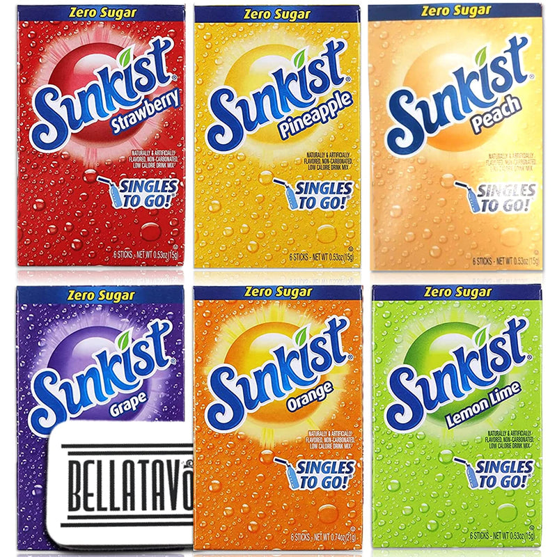 Singles To Go Variety Pack Bundle. Includes Six Boxes of Sunkist Singles To Go Drink Mix and a BELLATAVO Ref Magnet. One Each Flavor: Orange, Pineapple, Strawberry, Lemon Lime and Peach Drink Mix